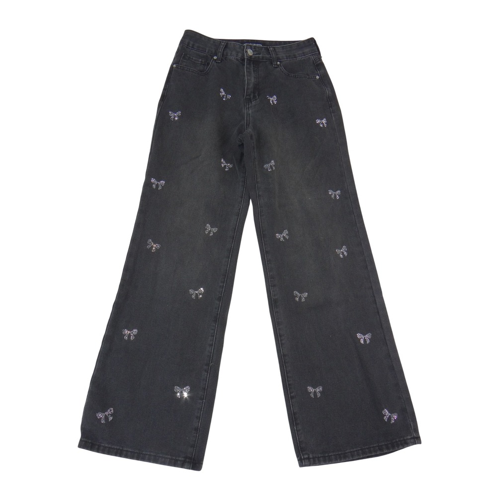 Ashley Mason Premium Womens Wide Leg Jeans Black Rhinestone Bows Size 3/26 3629